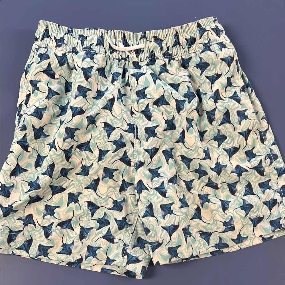 Crewcuts Swim Trunks in Navy, Teal, White with Manta Ray Pattern